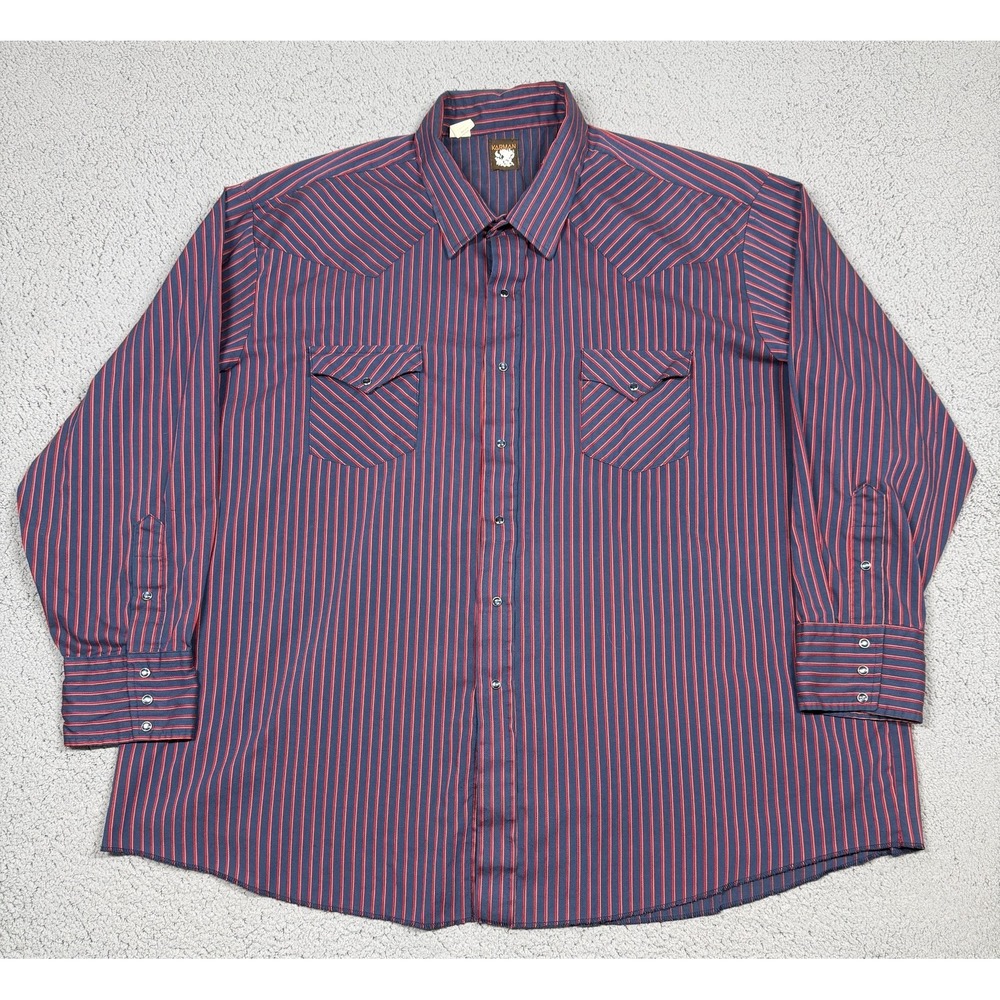Vintage Karman Shirt Mens Big 4X Blue Striped Long Sleeve Snap Western Made USA